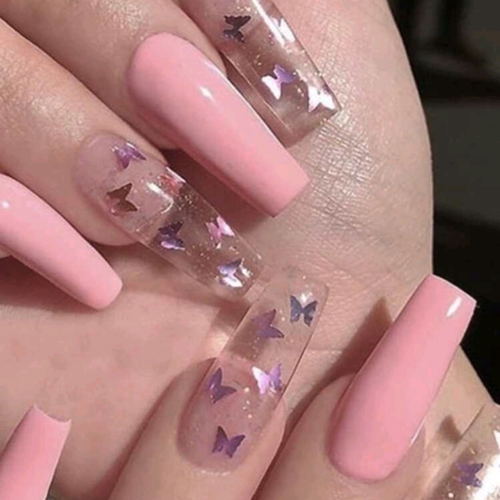24 pcs. Long Coffin Pink Butterfly Press On Nails